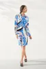 Women's Runway Dresses Turn Down Collar Long Sleeves Printed Sash Belt Fashion High Street Short Dresses