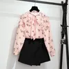 New Spring Autumn Women Sweet 2 Piece Girls Floral Print Blouse Tops And Mini Skirt Suits Female Fresh Chiffon Sets F10 T200325