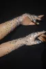 Five Fingers Gloves Luxurious Stretch Rhinestones Women Sparkly Crystal Mesh Long Dancer Singer Nightclub Dance Stage Show Accesso217b