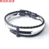 Wojiaer rostfritt stål kors charm läder armband för män flera lager svarta rep flätade armband passar smycken gåva bc013