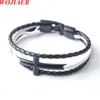 WOJIAER Stainless Steel Cross Charm Leather Bracelet for Men Multi-layer Black Rope Braided Bracelets Fit Jewelry Gift BC013