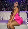 امتداد ميني ساتان نساء مثير الأشرطة النحيف Fit Bodycon Party Dress Neon Pink Summer Dreses Dual-Layered Bodysuit Size Vestido Na Lyq418