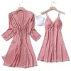 Nightwear Sleepwear 가슴 패드가있는 목욕 가운 나이트 드레스 파자마 섹시한 레이스 수면 라운지 Pijama 숙녀 가운 가운 세트 수면 드레스 Y200429