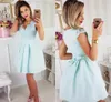 Mint Green 2021 Mini prom -jurken Chiffon Lace geschoeide v -nek Een lijn korte pet mouwen op maat gemaakte avond staartjurk jurk vestidos 403 estidos