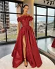 Aso ebi nouveau sexy robes de bal de dentelle à paillettes rouges foncées sexy au large des paillettes d'épaule hautement divisé le plancher robe de soirée formelle robes de fête robes de fête