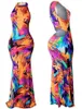 Women's Sleeveless Halter Neck Hollow Out Vintage Floral Print Party Beach Evening Long Maxi Dress