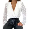 Moda Blusas Mulheres V profundo Neck Top Branco Jacquard longo fêmea da Chic sexy de bolinhas cor sólida malha Blusas