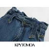 KPYTOMOA Women Vintage Stud Appliques Pockets Jeans Elastic Paperbag Midjed Zipper Fly Female Denim Pants Ankle Trousers 201029