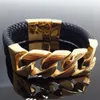 9.05 "* 24mm 100g New Fashion Smooth Smycken Rostfritt stål Guldkedja kedja Mens Boys Armband Bangle med äkta läder F1201