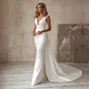 Elegant Mermaid Wedding Dresses with Detachable Train Bow White Ivory Boho beach Wedding Bridal Gown V-Neck abito da sposa