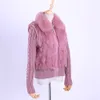 Kvinnors Äkta Real Rabbit Fur Fox Fur Collar Knitting Sleeve Kvinnors Vinterrock Fur Jacka Casual Short Outwear Slim 201031