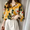2019 Hot Summer Women's Casual Blouse Shirt Leaves Chiffon Print V-Neck Half Sleeve Lady Top Fashion Women Loose Blusas H1230