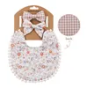 Baby Bib Dubbelfaced Förkläden Grid Printing Burp Cloth Bomull Flax Bow Headband Hair Tillbehör Spädbarn Set 3 Pieces Kids Gift Sets JJA12189