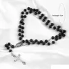 Mens Beckham Cross Hanger Zwart Rozenkrans Kralen Ketting