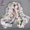 Vit 100% Silk Scarf Cape Fashion Floral Design Lång halsdukar Kvinnor Utralong Beach Sjal Vinter halsdukar 180 * 110cm