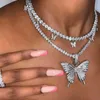 Estilo de moda Hiphop colar borboleta colar de pingente de cristal completo colares de diamantes para mulheres geladas fora bling borboleta colar de jóias