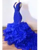 Stylish Royal Blue Ruffles Tiered Mermaid Prom Dresses 2022 Sexy Sheer Lace Beaded Train Tutu African Trumpet Evening Party Gowns Celebrity Dress Robe de soriee
