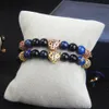 Blue CZ Panther Bracelets Wholesale 8mm Natural Stone Beads With Leopard Macrame Bracelet Stainless Steel Jewelry For Man