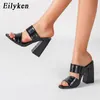 Eilyken Moda Siyah Sarı Timsah Baskılar Kare Yüksek Topuklu Kadın Yaz Açık Katırlar Terlik Kadın Peep Toe Parti Ayakkabı Y200624