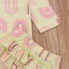 Cathery 3pcs Clothes Set Baby Girl Romper Pants Suit Long Sleeve Shirt Ruffle Hem Skirt Rainbow Printed Loose Trousers +Headband1