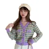 Autumn Winter Women's Cardigan French Retro Checkered Cardigans New Contrast Color Long-sleeved Short Knitted Coats LL734 201031