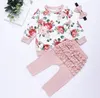 Ropa para niños Baby Girls Set Three Color Flower Print camiseta + Pantalones plisados ​​+ Tocado de arco Traje de tres piezas Sección de niños