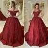 Dark Red Ball Gown Evening Dresses Off-shoulder Sleeveless Appliqued Lace Ruched Satin Formal Prom Dress Custom Made Party Gowns P41