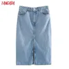 Tangada 2020 Mulheres Sólida Azul Denim Saia Vintage Verão Aberto Verão Feminino Elegante Chique Saias 3L31 LJ200820