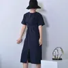 LANMREM Sommer Neue Einfarbig Lose Rundhals Natürliche Taille Vintage Split Die Gabel Mode Frauen Kleid E4100 T200604