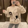 Women Charater Print Gray Sweatshirts Oversize Long Sleeve O Neck Loose Pullovers Female Tops Hoodies