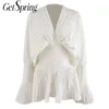 GetSpring Women Blouse Элегантные печатные женские рубашки плиссированные с длинным рукавом V Белая рубашка Ladies Tops Fashion Print Blouses 201201