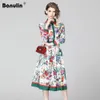 Banulin Primavera Estate Fashion Runway Shirt Dress Manica lunga da donna Casual Floral Stripe Print Pieghettato Midi Abito elegante 201204