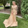 Champagne lange mouwen prom jurken luxe kralen kristal overskirt Arabische Arabische Dubai zeemeermin receptie jurk avondkleding