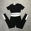 New summer European fashion women's high waist short sleeve letter print crop top t-shirt and sports yoga long leggings twinset