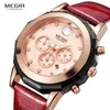 Megir Moda Quartz Assista Mulheres Luxo Cronógrafo Relógio de Pulso Lady Vermelho Genuine Leather Strap impermeável Relogio Femininos 2042 201114