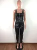 Survêtements pour femmes oeillet à lacets en cuir PU noir deux pièces ensemble femmes sans manches débardeurs et pantalons costume 2021 mode Sexy Streetwear Set1