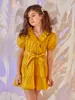 Girls Surplice Neck Puff Sleeve Tiered Hem Belted Dress SHE