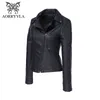 AORRYVLA Neue Frühling Herbst frauen Moto Biker Zipper Jacke Drehen Unten Kragen Schwarz PU Faux Leder Jacke Schlanke Dame grundlegende Mantel 201028