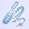 Blue Plastic Rosary Necklace Long Religious Cross Jewelry
