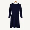 2020 Höst Långärmad Lapel Neck Blue Contrast Färg Strikkad Broderi Panelad Single-breasted Dress Women Fashion Dresses S2718059