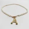 Collier ras du cou en perles véritables, Alphabet A-Z, boucle initiale en acier inoxydable, pendentif couleur or, bijoux d'eau douce 2202282913