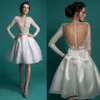 Sexy curta uma linha vestidos de casamento manga comprida backless arco frisado faixa profunda v-pescoço de v-joelho organza laço vestidos de noiva plus tamanho