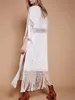 2018 Long Maxi Dress Tassel Dress Sexy V-neck Waist Hollow Vintage White Embroidered Floral Boho Clothing Dress T200113