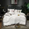 4pcs Lace Washed Silk Bedding Set Satin Duvet Cover Set with Flat Sheet Zipper Closure Queen King 6 Colors