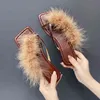 Slippers Sandal Women Summer Outdoor Fashion Square Toe Flat Ladies Feather Slides Chic Classics Furry Shoes Bc3398 220304