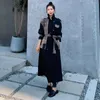 Women's Trench Coat 2021 Spring Autumn New Long British Style Korean Version Fashion Black Patchwork Slim Lapel Windbreaker L4