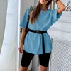 Ensemble de 2 pièces pour femmes décontractées d'été comprenant une ceinture de couleur unie deux ensembles de sport pour femmes 2020 mode t-shirt et short costume de loisirs Y1123