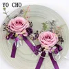 Gifts for women YO CHO Artificial Rose Wedding Boutonniere Flower Men Boutonniere Bridesmaid Wrist Corsage Girl Bracelet Purple Rose Silk Flower