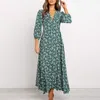 Vrouwen Chiffon Lange jurk Floral Print Lantern Sleeve A-Line Maxi Vestidos Herfst Nieuwe Elegante Vintage V-hals Winterjurken 201204