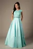 Coral Satin Lace Long Modest Prom Dresses Cap Sleeves A-Line Beaded Elegant Beaded Girls Formal Mint Evening Prom Party Dresses Cheap